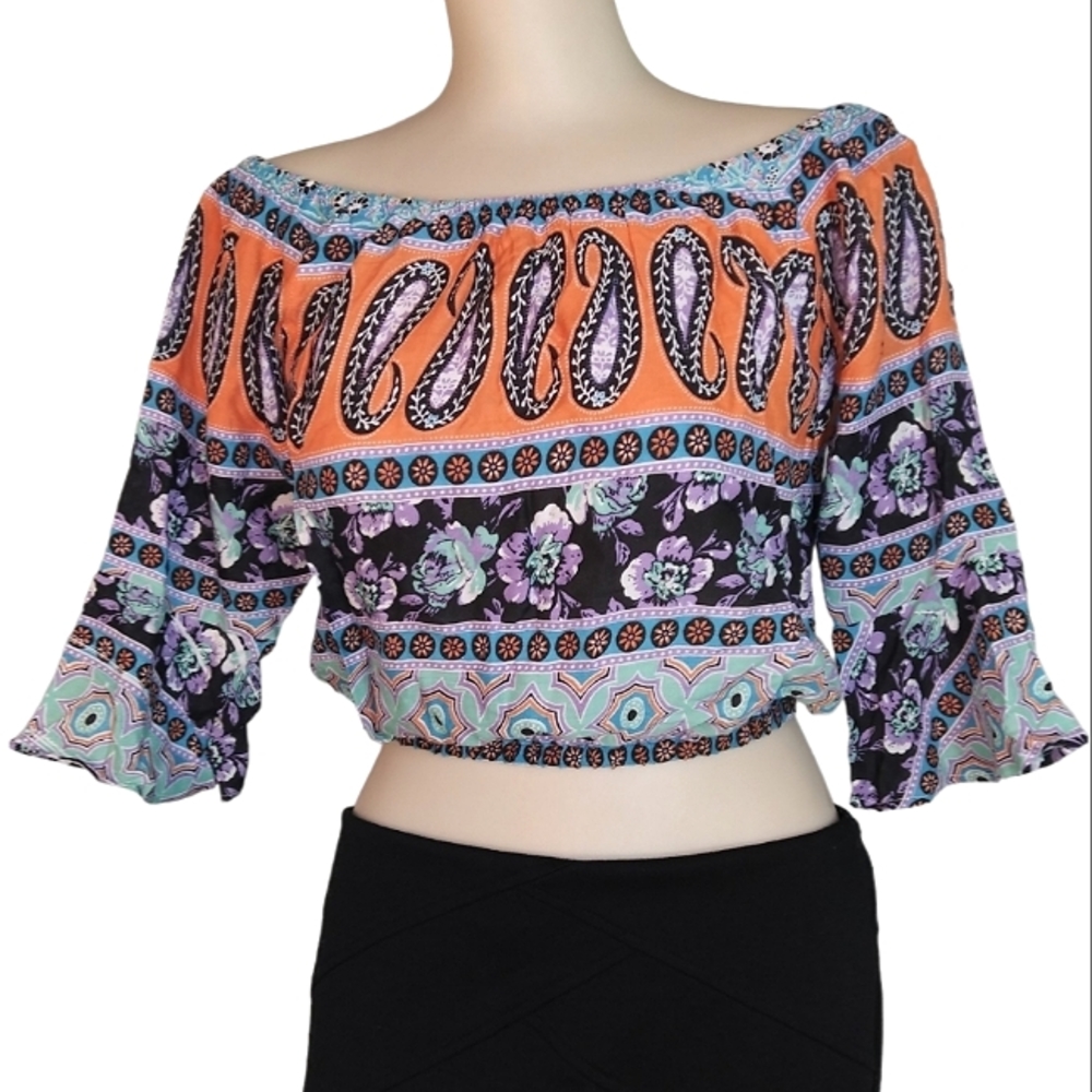 Flowy floral multi color bell sleeve crop top blouse
